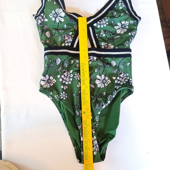 Floral Green One-Piece Swimsuit With Cutouts & Black/Gold Striped Accents - Picture 10 of 10